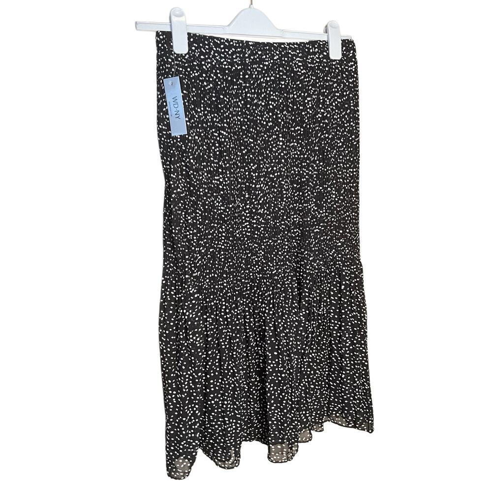 WD.NY Pleated Polka Dot Maxi Skirt Elastic Waist‎ Black White Womens Size L NEW